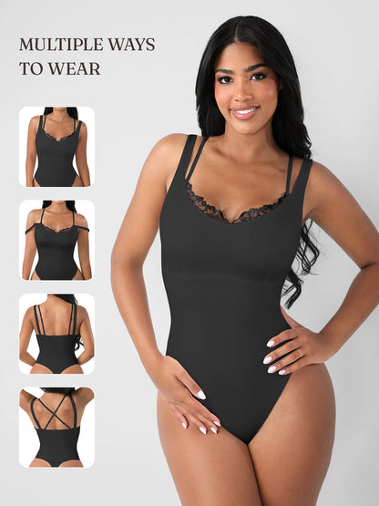 Feelingirl Lace-Trimmed Deep V Bodysuit