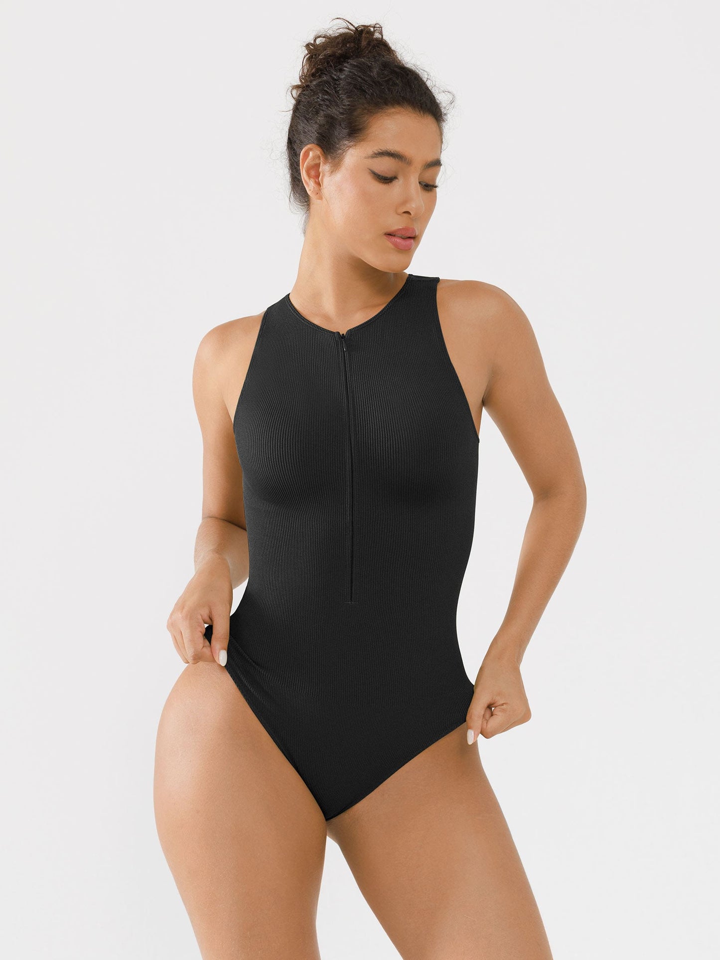 Crew Neck Invisible Zip Ribbed Seamless Bodysuit