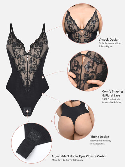 Lace Plunge Sculpt Thong Bodysuit